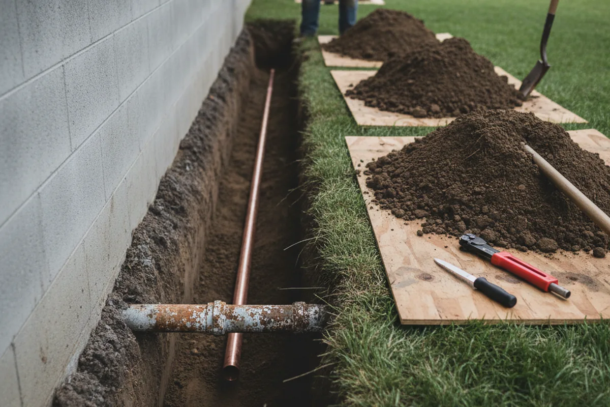 Excavated water line trench during Water Heater Repair in Stanford
